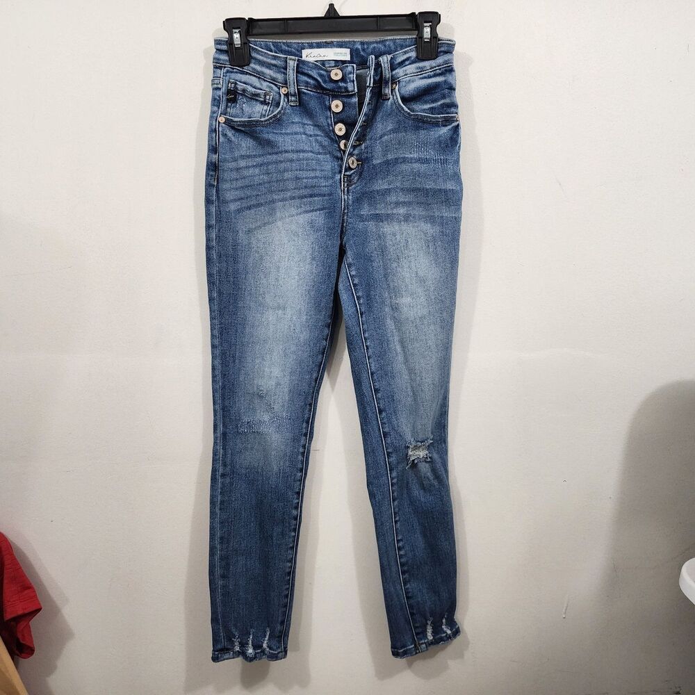 Kancan USA Distressed Skinny Ankle Jeans Medium Wash High Rise Button Fly Sz 25